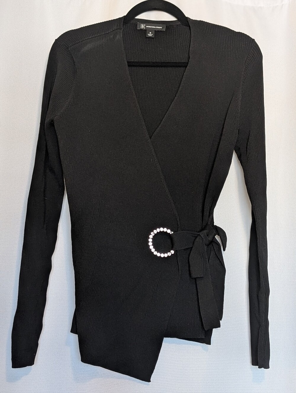 INC International Concepts Black Wrap Style Rhinestone Buckle Sweater Size M